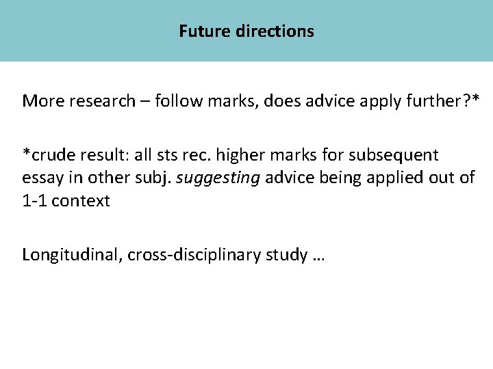 Future directions Academic Skills More research – follow marks, does advice apply further? *