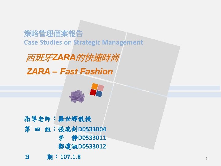 策略管理個案報告 Case Studies on Strategic Management 西班牙ZARA的快速時尚 ZARA – Fast Fashion 指導老師：羅世輝教授 第 四