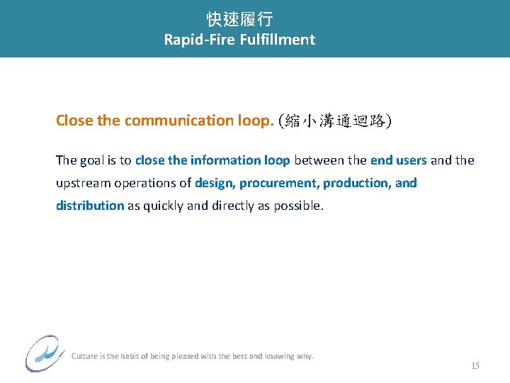 快速履行 Rapid-Fire Fulfillment Close the communication loop. (縮小溝通迴路) The goal is to close the