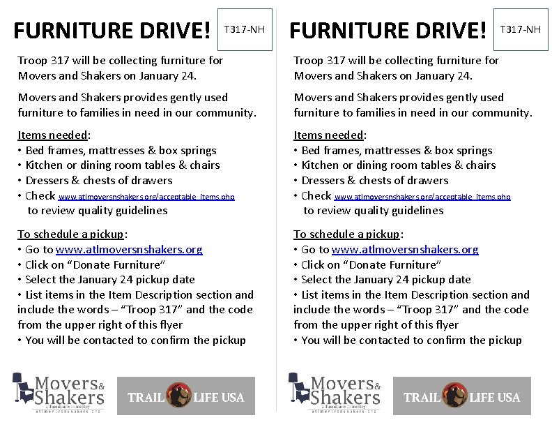 FURNITURE DRIVE! T 317 -NH Troop 317 will be collecting furniture for Movers and
