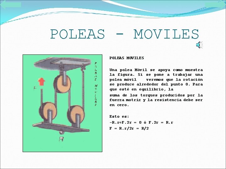 POLEAS - MOVILES POLEAS MOVILES Una polea Móvil se apoya como muestra la figura. POLEAS - MOVILES POLEAS MOVILES Una polea Móvil se apoya como muestra la figura.