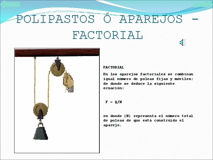 POLIPASTOS Ó APAREJOS FACTORIAL En los aparejos factoriales se combinan igual número de poleas POLIPASTOS Ó APAREJOS FACTORIAL En los aparejos factoriales se combinan igual número de poleas
