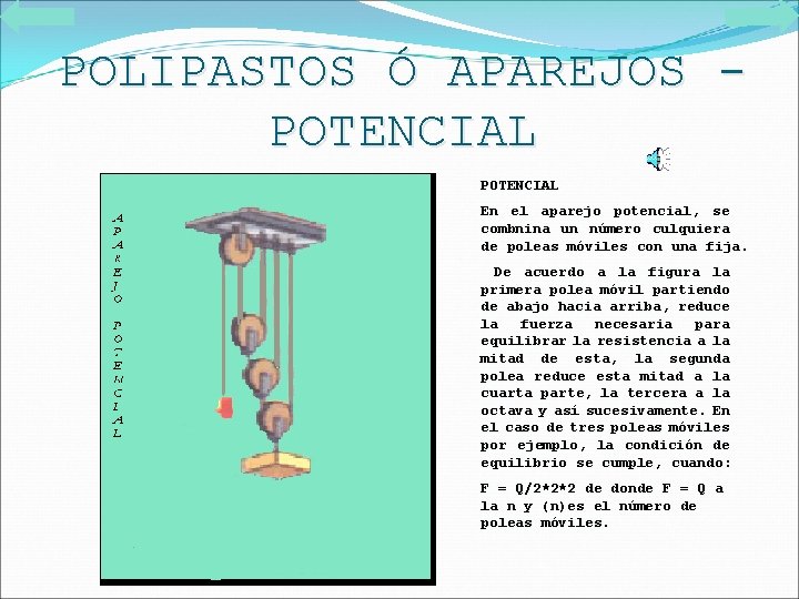 POLIPASTOS Ó APAREJOS POTENCIAL En el aparejo potencial, se combnina un número culquiera de POLIPASTOS Ó APAREJOS POTENCIAL En el aparejo potencial, se combnina un número culquiera de