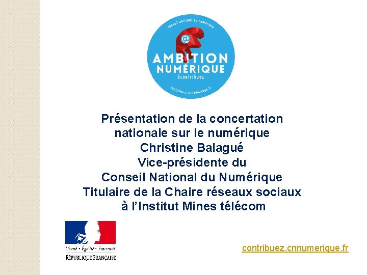 Présentation de la concertation nationale sur le numérique Christine Balagué Vice-présidente du Conseil National