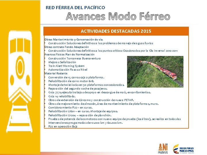 RED FÉRREA DEL PACÍFICO ACTIVIDADES DESTACADAS 2015 Obras Mantenimiento y Conservación de vía. •