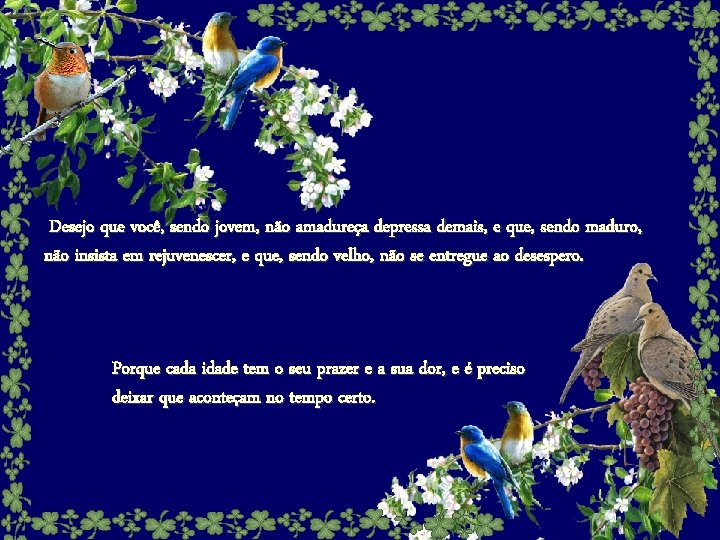 Desejo que você, sendo jovem, não amadureça depressa demais, e que, sendo maduro, não