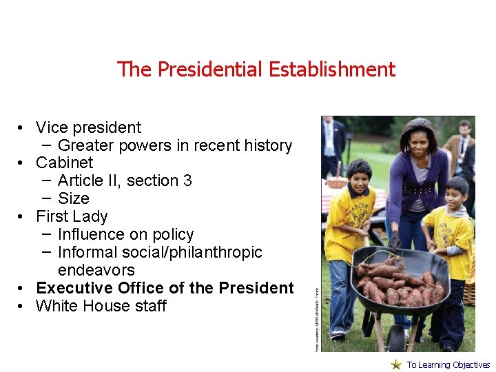 The Presidential Establishment • Vice president – Greater powers in recent history • Cabinet