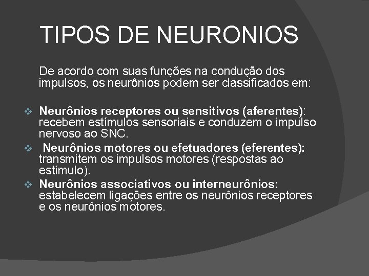 TIPOS DE NEURONIOS De acordo com suas funções na condução dos impulsos, os neurônios