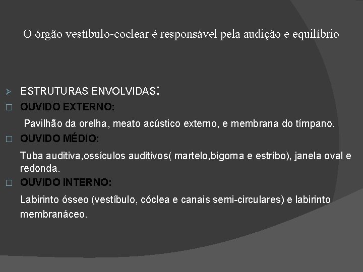 O órgão vestíbulo-coclear é responsável pela audição e equilíbrio ESTRUTURAS ENVOLVIDAS: � OUVIDO EXTERNO: