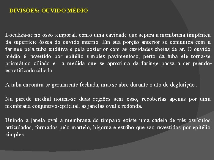 DIVISÕES: OUVIDO MÉDIO Localiza-se no osso temporal, como uma cavidade que separa a membrana