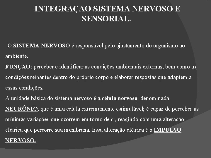 INTEGRAÇAO SISTEMA NERVOSO E SENSORIAL. O SISTEMA NERVOSO é responsável pelo ajustamento do organismo