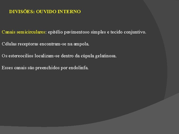 DIVISÕES: OUVIDO INTERNO Canais semicirculares: epitélio pavimentoso simples e tecido conjuntivo. Células receptoras encontram-se