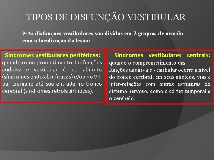 TIPOS DE DISFUNÇÃO VESTIBULAR As disfunções vestibulares são dividas em 2 grupos, de acordo