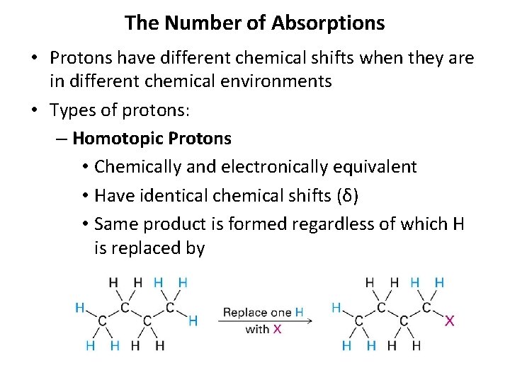 The Number of Absorptions • Protons have different chemical shifts when they are in