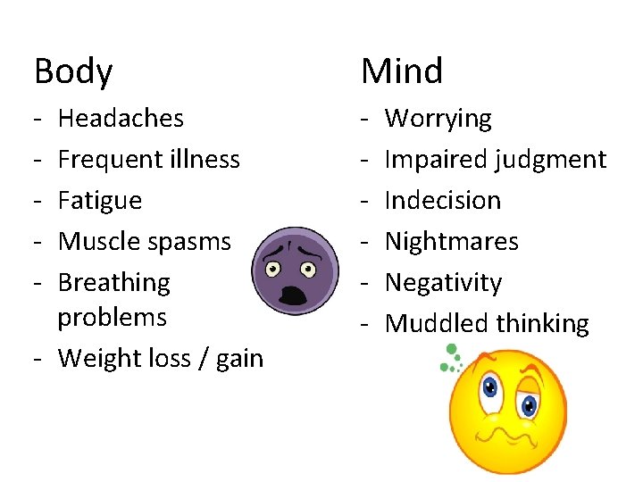 Body Mind - - Headaches Frequent illness Fatigue Muscle spasms Breathing problems - Weight