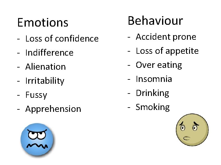 Emotions Behaviour - - Loss of confidence Indifference Alienation Irritability Fussy Apprehension Accident prone