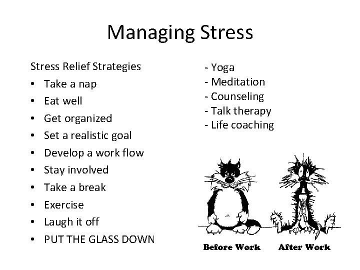 Managing Stress Relief Strategies • Take a nap • Eat well • Get organized
