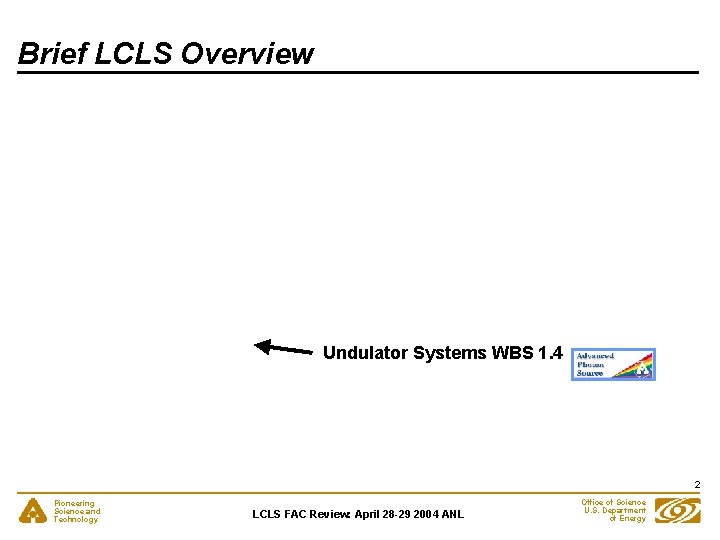 Brief LCLS Overview Undulator Systems WBS 1. 4 2 Pioneering Science and Technology LCLS