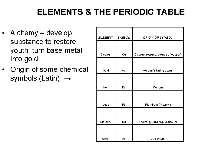 ELEMENTS & THE PERIODIC TABLE • Alchemy – develop substance to restore youth; turn