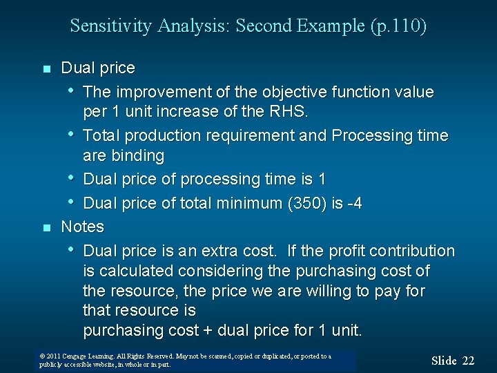 Sensitivity Analysis: Second Example (p. 110) n n Dual price • The improvement of Sensitivity Analysis: Second Example (p. 110) n n Dual price • The improvement of