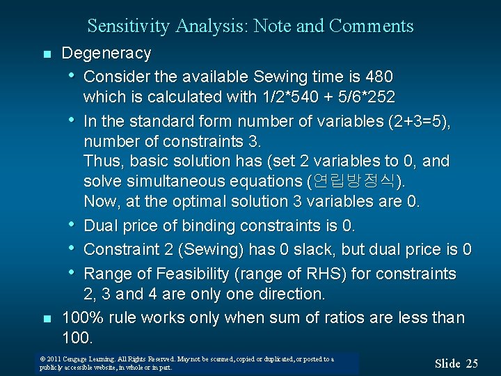 Sensitivity Analysis: Note and Comments n n Degeneracy • Consider the available Sewing time Sensitivity Analysis: Note and Comments n n Degeneracy • Consider the available Sewing time