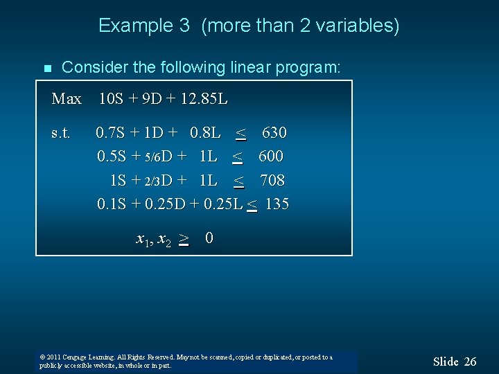 Example 3 (more than 2 variables) n Consider the following linear program: Max 10 Example 3 (more than 2 variables) n Consider the following linear program: Max 10