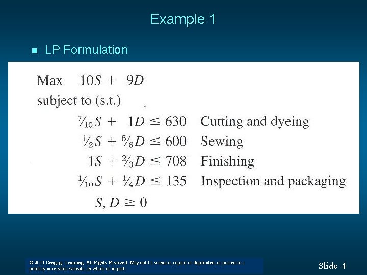 Example 1 n LP Formulation © 2011 Cengage Learning. All Rights Reserved. May not Example 1 n LP Formulation © 2011 Cengage Learning. All Rights Reserved. May not