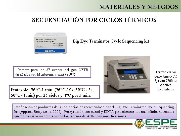 MATERIALES Y MÉTODOS SECUENCIACIÓN POR CICLOS TÉRMICOS Big Dye Terminator Cycle Sequencing kit Primers