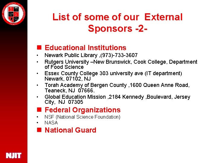 List of some of our External Sponsors -2 n Educational Institutions • • •