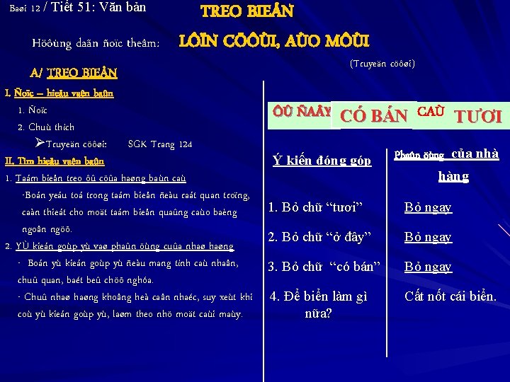 Baøi 12 / Tiết 51: Văn bản Höôùng daãn ñoïc theâm: A/ TREO BIEÅN