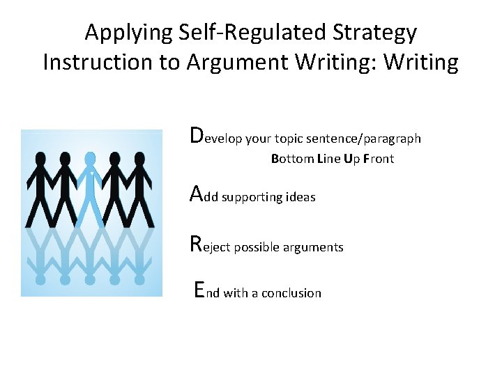Applying Self-Regulated Strategy Instruction to Argument Writing: Writing Develop your topic sentence/paragraph Bottom Line