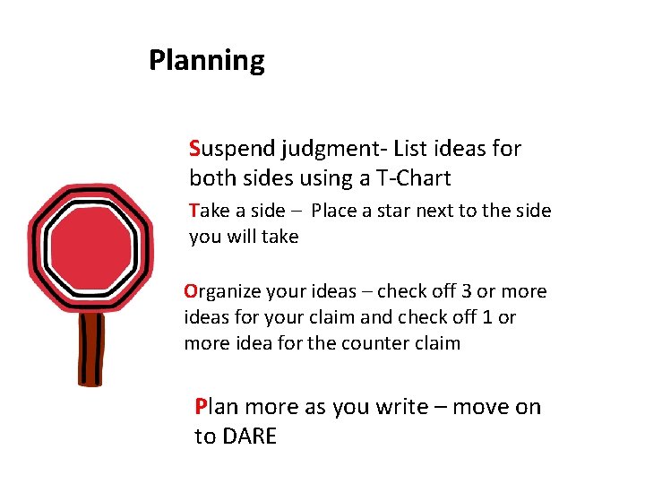 Planning Suspend judgment- List ideas for both sides using a T-Chart Take a side