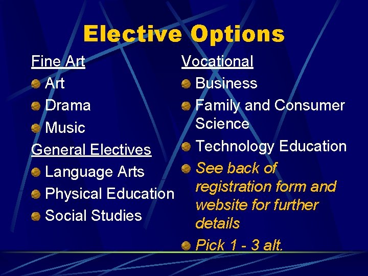 Elective Options Fine Art Vocational Art Business Drama Family and Consumer Science Music Technology