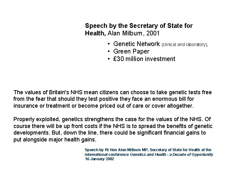 Speech by the Secretary of State for Health, Alan Milburn, 2001 • Genetic Network