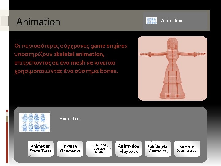 Animation Οι περισσότερες σύγχρονες game engines υποστηρίζουν skeletal animation, επιτρέποντας σε ένα mesh να