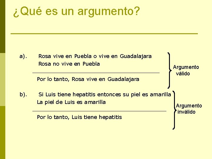 ¿Qué es un argumento? a). Rosa vive en Puebla o vive en Guadalajara Rosa