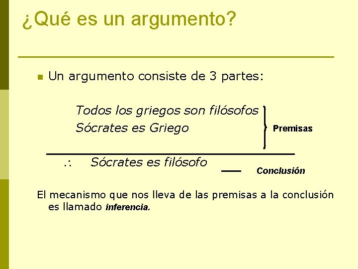 ¿Qué es un argumento? n Un argumento consiste de 3 partes: Todos los griegos