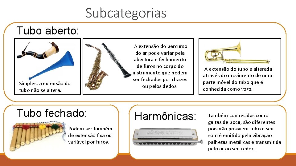 Subcategorias Tubo aberto: Simples: a extensão do tubo não se altera. Tubo fechado: Podem