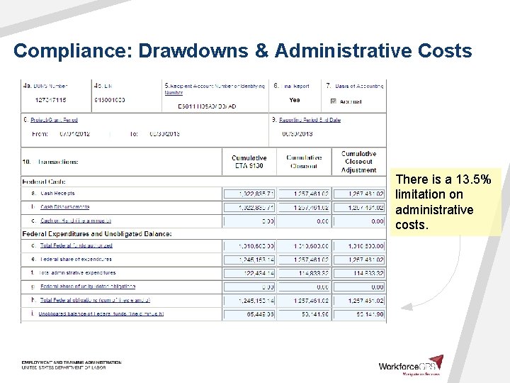 Compliance: Drawdowns & Administrative Costs There is a 13. 5% limitation on administrative costs.