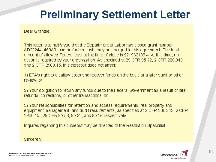 Preliminary Settlement Letter Dear Grantee, This letter is to notify you that the Department