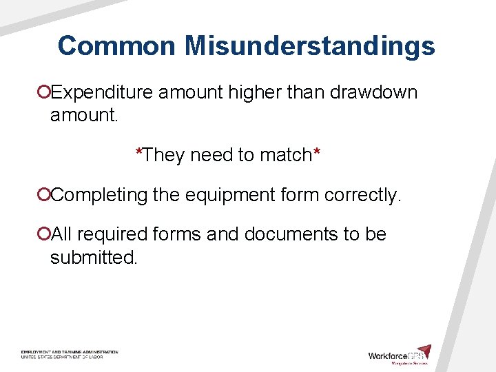 Common Misunderstandings ¡Expenditure amount higher than drawdown amount. *They need to match* ¡Completing the
