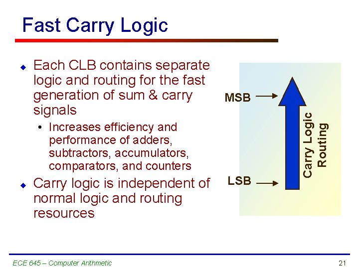 Fast Carry Logic Each CLB contains separate logic and routing for the fast generation