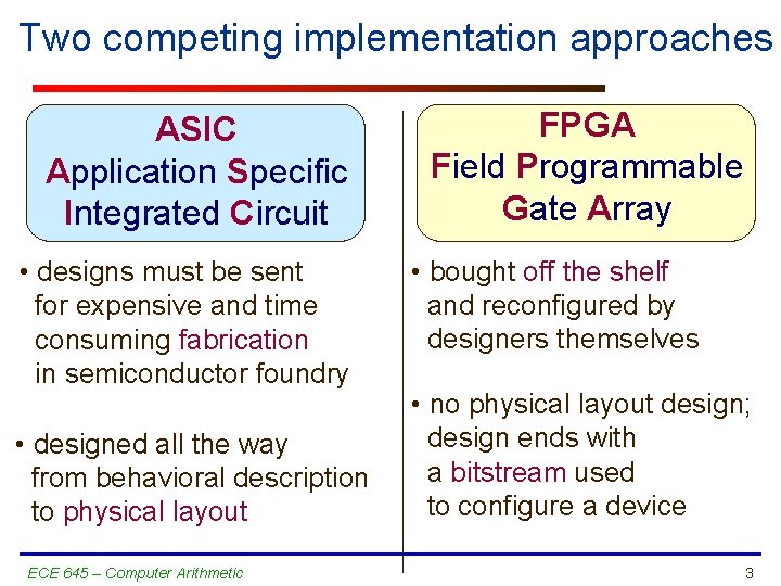 Two competing implementation approaches ASIC Application Specific Integrated Circuit • designs must be sent