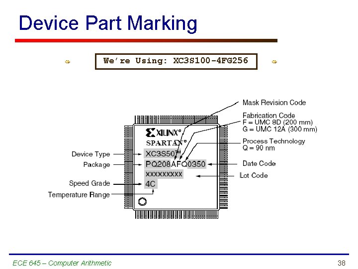 Device Part Marking We’re Using: XC 3 S 100 -4 FG 256 ECE 645