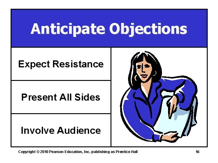 Anticipate Objections Expect Resistance Present All Sides Involve Audience Copyright © 2010 Pearson Education,