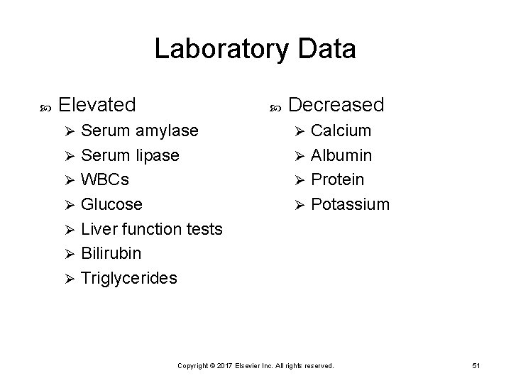 Laboratory Data Elevated Serum amylase Ø Serum lipase Ø WBCs Ø Glucose Ø Liver