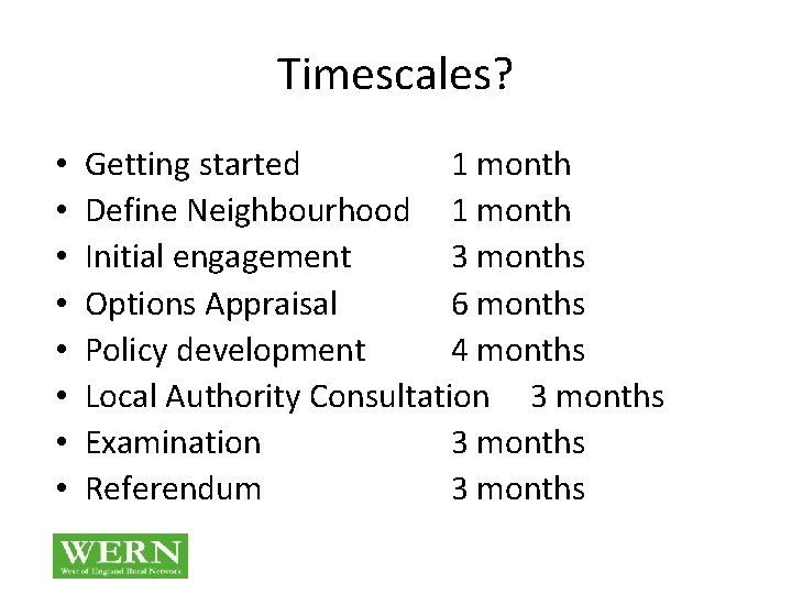 Timescales? • • Getting started 1 month Define Neighbourhood 1 month Initial engagement 3