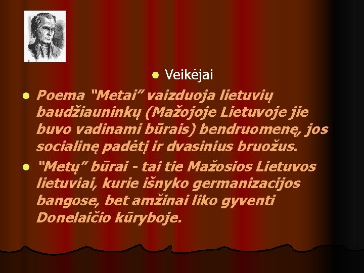 l l l Veikėjai Poema “Metai” vaizduoja lietuvių baudžiauninkų (Mažojoje Lietuvoje jie buvo vadinami