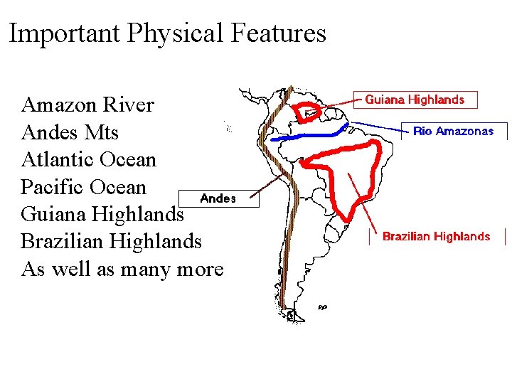 Important Physical Features Amazon River Andes Mts Atlantic Ocean Pacific Ocean Guiana Highlands Brazilian