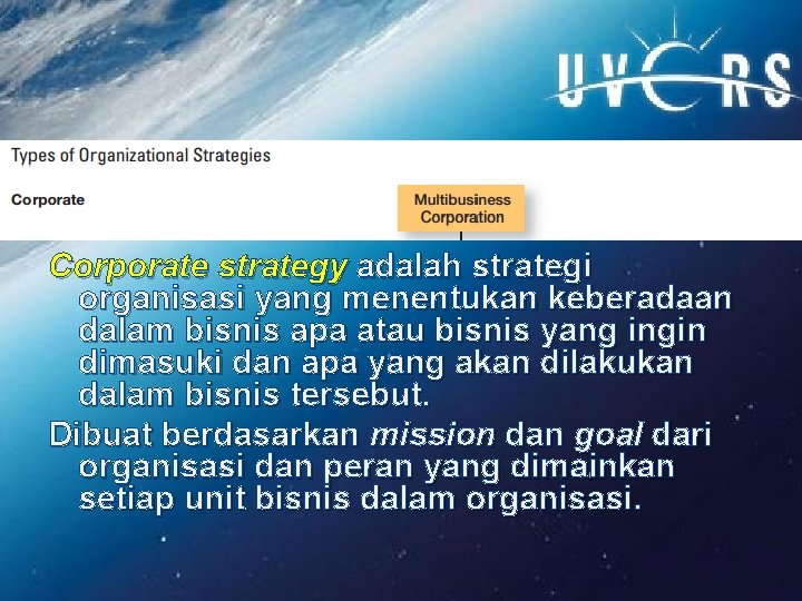 Corporate strategy adalah strategi organisasi yang menentukan keberadaan dalam bisnis apa atau bisnis yang Corporate strategy adalah strategi organisasi yang menentukan keberadaan dalam bisnis apa atau bisnis yang